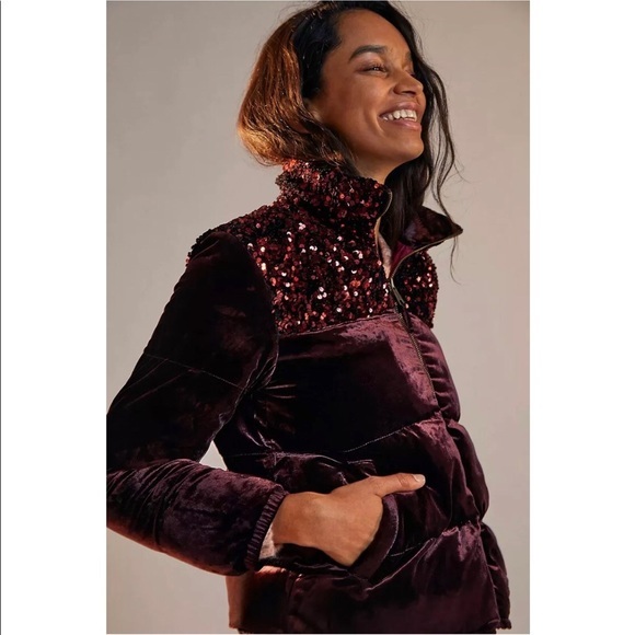 Anthropologie Vera Sequined Velvet Puffer Jacket - Picture 3 of 5